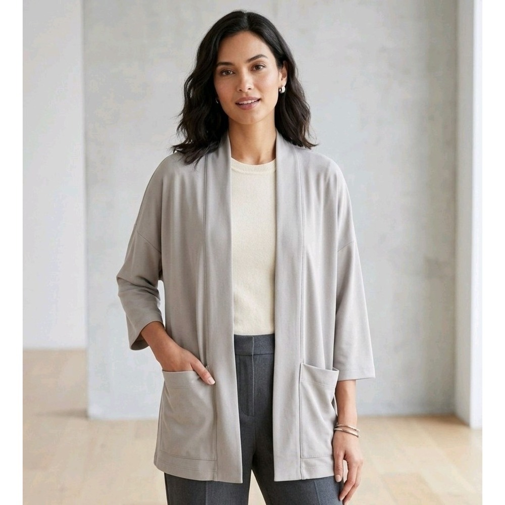 Pure J Jill Cardigan Jacket Large L Sandwashed Taupe Grey Open Front Pocket Knit